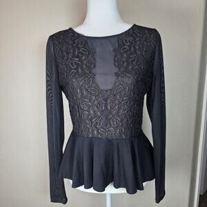 Bebe Black Mesh with Gold Detail Peplum Blouse Beautiful size Large